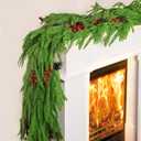 6 FT Christmas Norfolk Pine Garland Real Touch Artificial Greenery Garland Faux Pine Garlands for Mantel Fireplace Table Stairs Indoor Outdoor Christmas Decor, Bonus Gold Ribbon with LED Lights