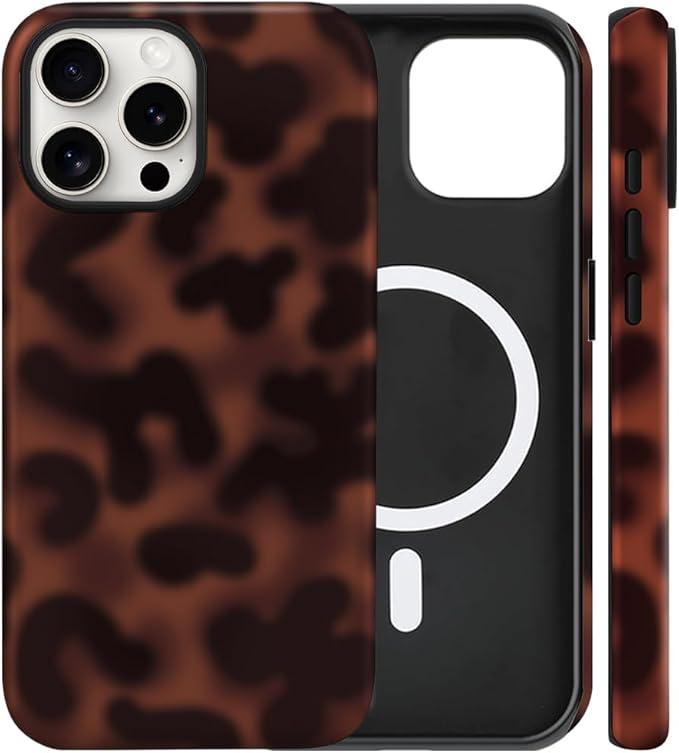 flewfun Magnetic for iPhone 16 Pro Case Cute Tortoise Shell Phone Case, Leopard Print Shockproof Slim TPU and Hard PC Protective Cover Fit for MagSafe Designed for Women Girls, Brown Amber
