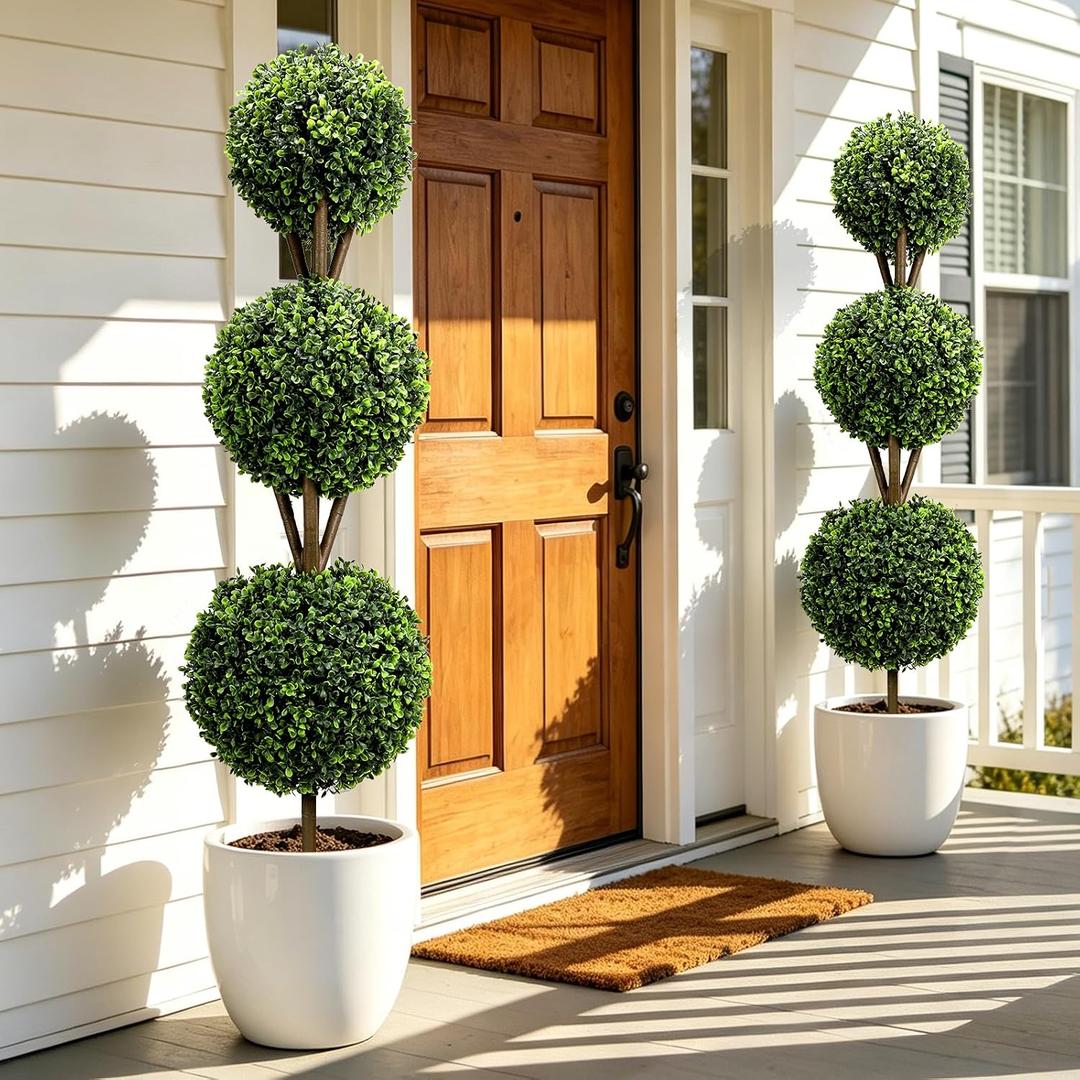 Artificial Boxwood Topiary Tree 4FT Triple Ball Faux Topiary Trees, Waterproof Fake Boxwood Plants Outdoor Indoor, All-Weather Potted for Porch Patio Garden Entryway Home Decor Set of 2