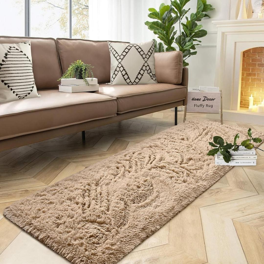 DweIke Fluffy Beige Runner Rugs for Bedroom, 2'x6' Feet Soft Plush Long Runners for Girls Boys Kids, Non-Slip and Machine Washable Bedside Rug, Small Throw Carpet for Hallway Rooms Decor