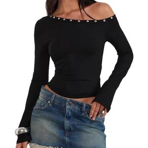 KIGRAD Women Y2k Grunge Grommet Eyelet Studded Off Shoulder Crop Tops Asymmetrical Fitted Long Sleeve Baby Tee Shirts Large