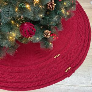 Starry Dynamo 60Inch Cable Sweater Knit Christmas Tree Skirt with Wooden Toggles, Burgundy