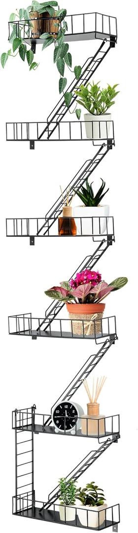 Zonon Black 6 Tier Fire Escape Wall Shelf Hanging Metal Ladder Shelves Wall Decor Decorative Bookshelf Organizer Floating Trinket Shelves Action Figure Shelf for Home Bedroom Storage Display