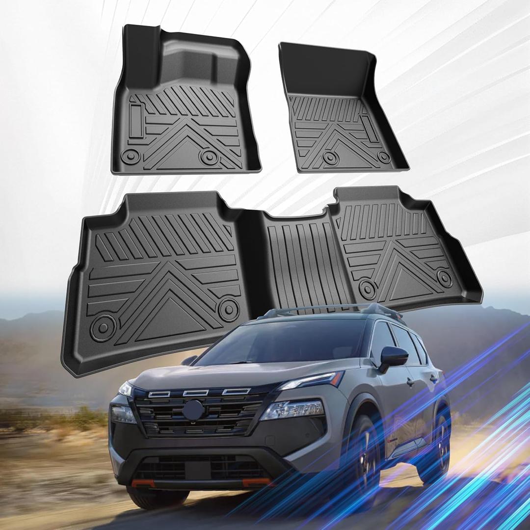 Car Floor Mats for Nissan Rogue 2021 2022 2023 2024 Accessories,TPE All Weather Protection Floor Mats, Custom Fit 1st&2nd Row Car Floor Liners Set,Heavy Duty Accessories,Black