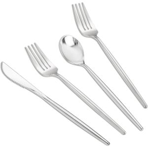 SUT 300Pcs Silver Plastic Cutlery, Silver Utensils Disposable, silver Plastic Silverware Set Include 100 Plastic Forks, 100 plastic Spoons, 100 plastic Knives Heavy Duty Flatware for Party