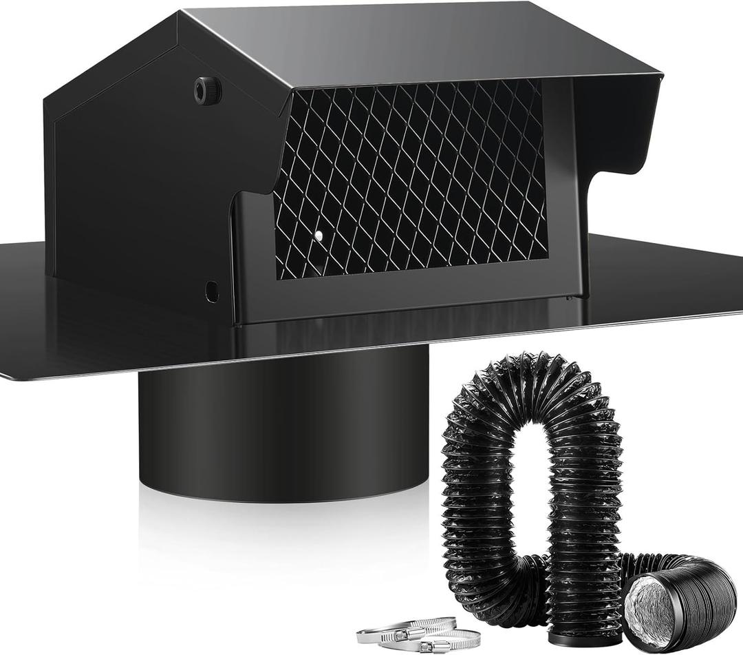 4 Inch Roof Vent Cap with 4 Inch x 25 ft Dryer Vent Hose Removable Roof Vent Galvanized Steel Roof Exhaust Vent Flexible Aluminum Ducting 2 Duct Clamps for Bathroom Exhaust System, Black