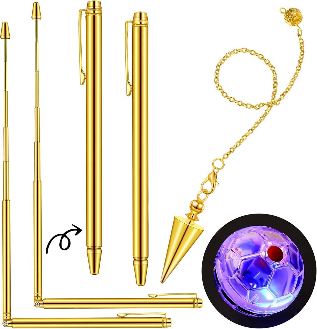 4 Pcs Ghost Hunting Dowsing Rods Copper Set Pen Shaped Gold Spirit Rods Water Divining Rods with Paranormal Dowsing Pendulum LED Light up Cat Ball for Ghost Hunting Party Detect Gold Water Treasure
