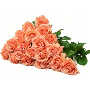 20 Pcs Real Touch Artificial Roses Fake Rose Long Stem Silk Faux Flowers Bridal Bouquet for Wedding Home Decor Romantic Valentine Gifts (Orange)
