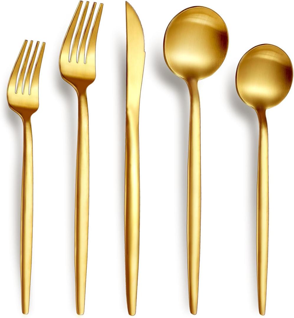 20-Piece Gold Silverware Set for 4, 18/10 Stainless Steel Flatware with Thick Spoons and Forks, Matte Golden Cutlery, Eating Kitchen Utensils for Home Restaurant Wedding, Dishwasher Safe