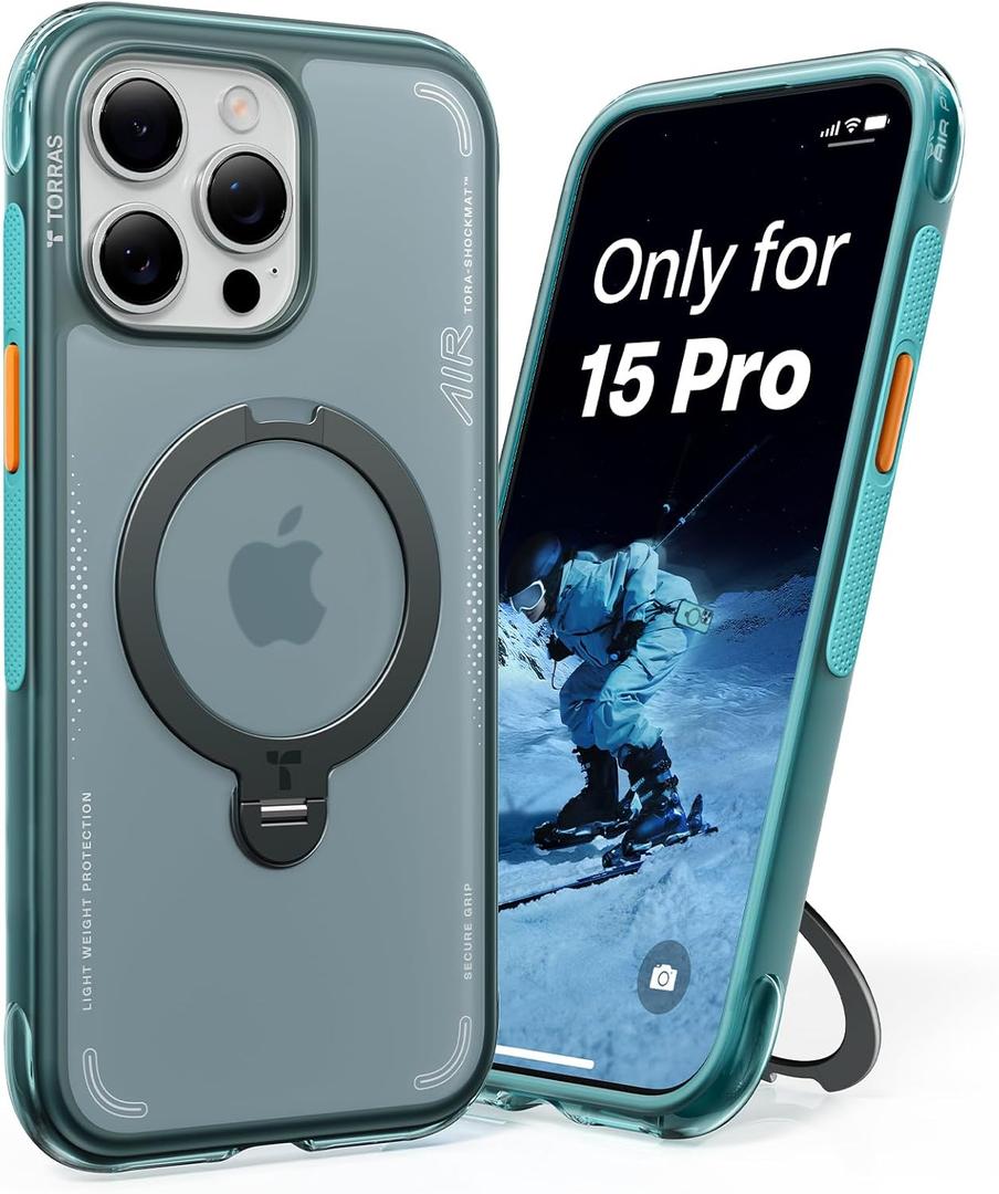 TORRAS Ostand Q3 Air for iPhone 15 Pro Case with 360 Magnetic Stand, Fit for MagSafe, Mil-Grade Drop Tested, Camera Control Button, Shockproof Phone Case for iPhone 15 Pro 6.1", Glacier Sprint