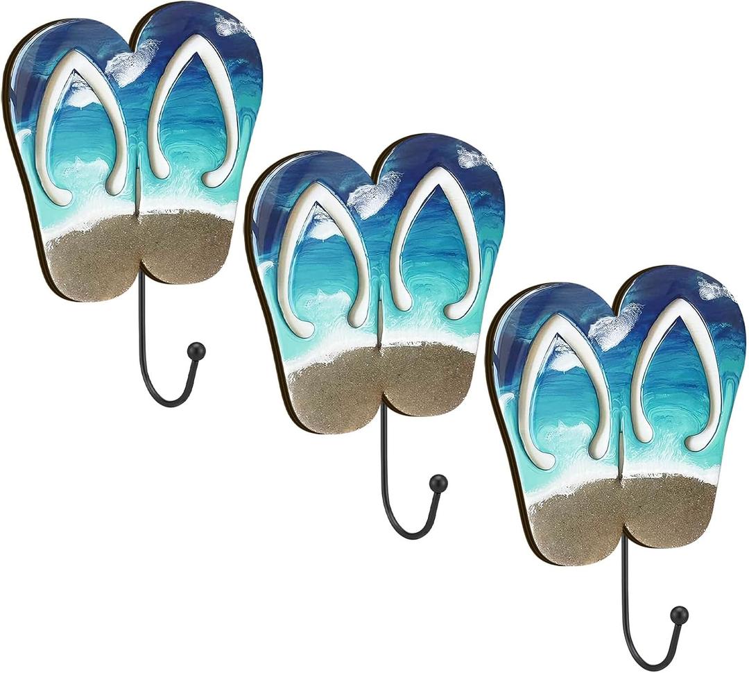 Novabright 3 Pcs Flip Flops Wall Hooks Wooden Summer Coastal Decor Beach Theme Towel Hooks for Hanging Coat Wall Mounted Decorative Rack Hangers for Beach Swimming Pool Bathroom Bedroom Decoration