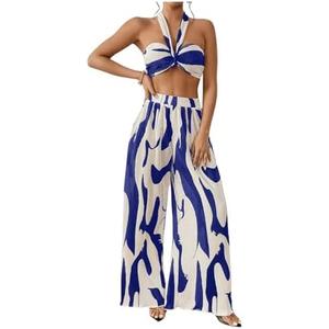 OYOANGLE Women's 2 Piece Outfits Graphic Print Knitted Crop Halter Top and Wide Leg Pants Set S