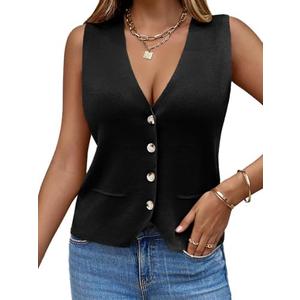 Saodimallsu Women's Sleeveless Sweater Vest Knit V Neck Button Fashion Casual Loose Spring Summer Waistcoat Cardigan XL
