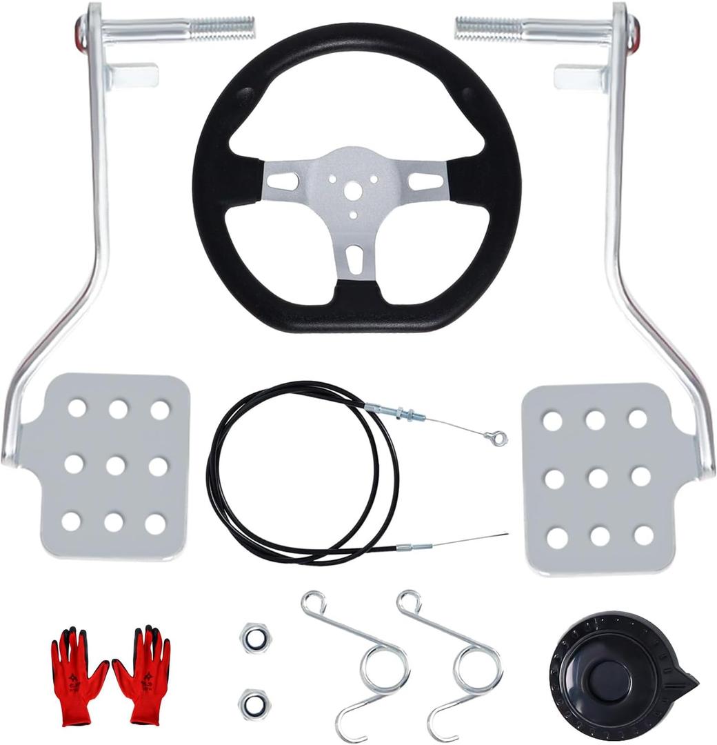 Wadoy Go Kart Brake Throttle Pedals with Automotive Steering Wheels, Upgrade 71" Cable with Return Springs Kit, Go Kart Accessories Go Karts Steering Kit