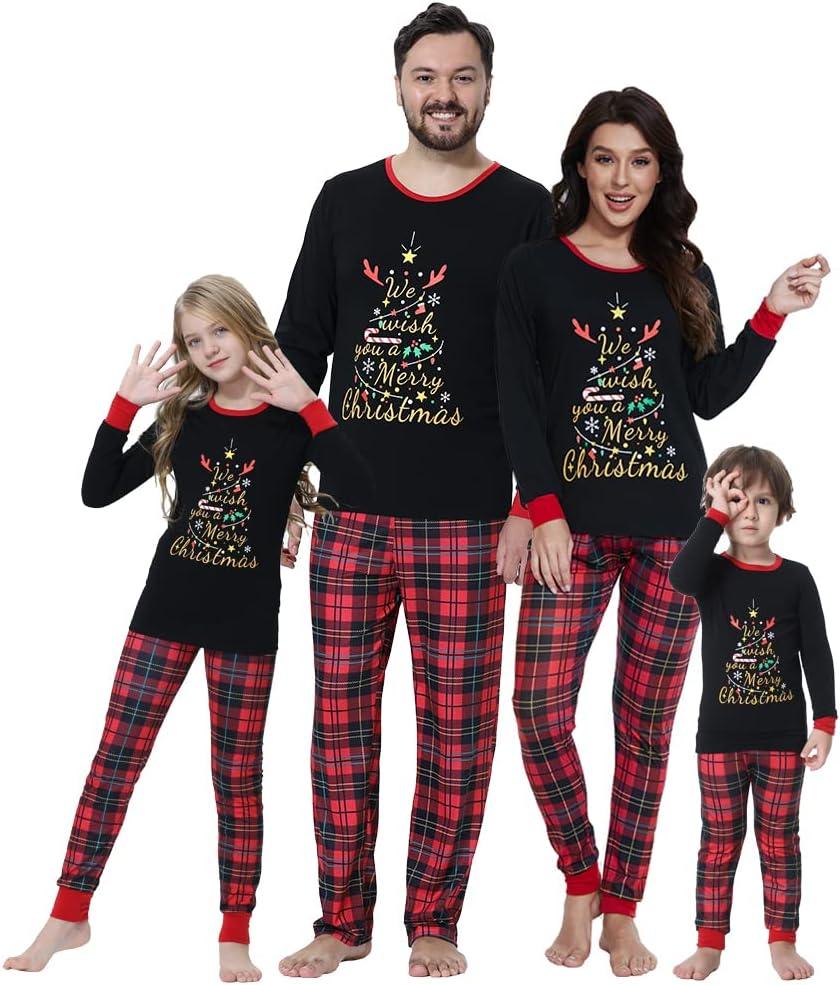 VENTELAN Family Matching Christmas Pajamas Set Holiday Santa Claus Sleepwear Xmas PJS Set for Couples and Kids (Plaid Christmas Tree)