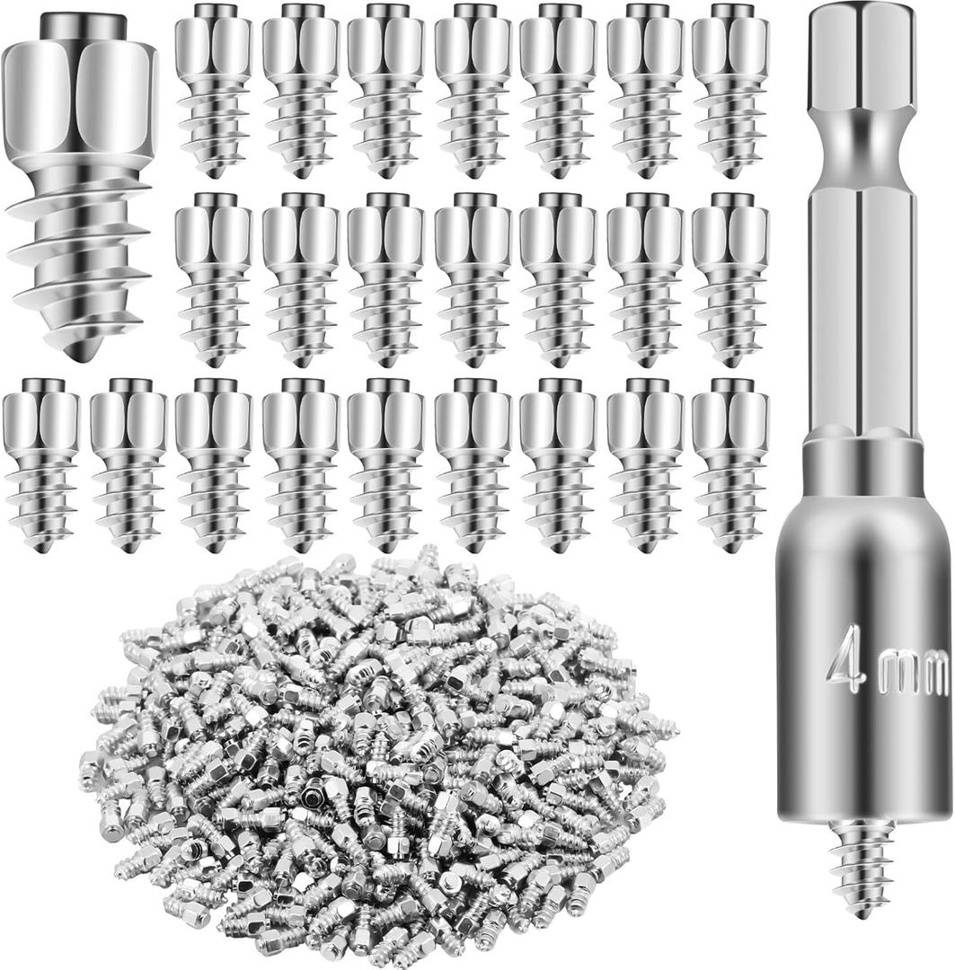 500 Pcs Tire Studs 9mm Carbide Screw Tire Studs Spikes for Car Truck Motorcycle Bicycle Boot ATV SUV Auto Accessories Reusable Anti-ice Snow Spikes with Installation Sleeve (4 x 12 mm, Silver)