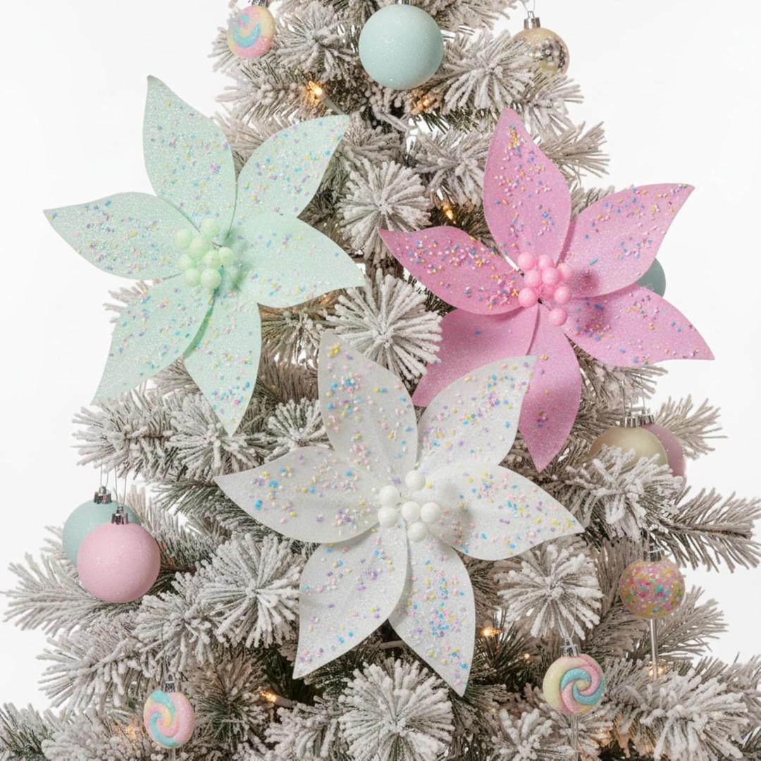 6 Pcs Pastel Christmas Poinsettia Decorations 9.8inch Large Pink Candy Land Poinsettia Flowers with Stem Candy Christmas Tree Ornaments for DIY Xmas Tree Wreath Vase Garland Decor