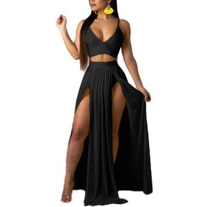 Women Sexy 2 Piece Outfits Dress Chiffon Strap Deep V Neck Bra Crop Top High Split Maxi Dresses Skirt Set L