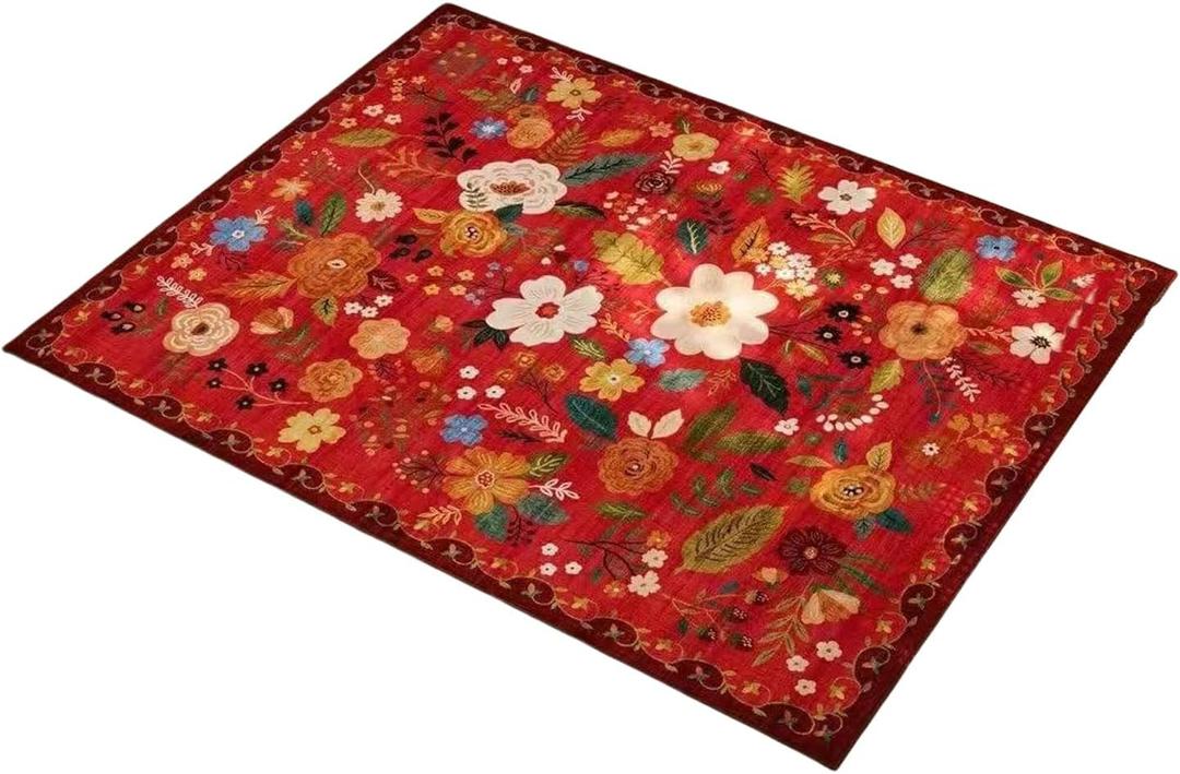 Floral Area Rug Washable Nonslip Floor Carpet for Living Room Low Pile Design Luxurious Feel Rugs, 17"x23.5", Red Flowers