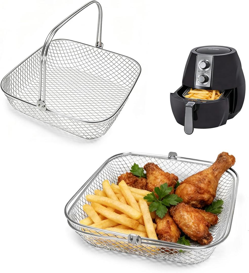2 Pack Air Fryer Baskets, 8Qt Air Fryer Replacement Accessory Mesh Basket with Handle, Stainles Steel Steamer Basket for Air Fryer (Square 2 Pack)