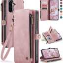 Defencase for Samsung Galaxy A17 5G Case Wallet with RFID Blocking Card Holder for Women and Men, PU Leather Magnetic Snap Flip Zipper Strap Wallet Phone Case for Galaxy A17 5G 6.7", Rose Pink