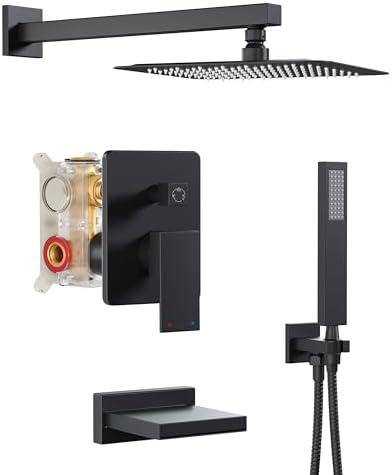 HoliSpa Black Shower System with Tub Spout, All Metal Tub Shower Faucet Set with 10" Rain Shower Head and Handheld Spray combo, Wall Mounted Tub Shower Systems with Valve and Trim Kit, Matte Black