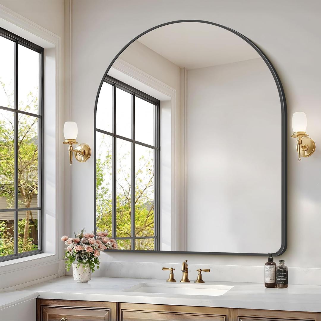 GLASHOM Arched Bathroom Mirror, 36"x48" Black Arched Mirror for Bathroom, Wall Mounted Mirror, Black Vanity Wall Mirror w/Metal Frame for Bedroom, Entryway, Living Room, Vertically Hanging