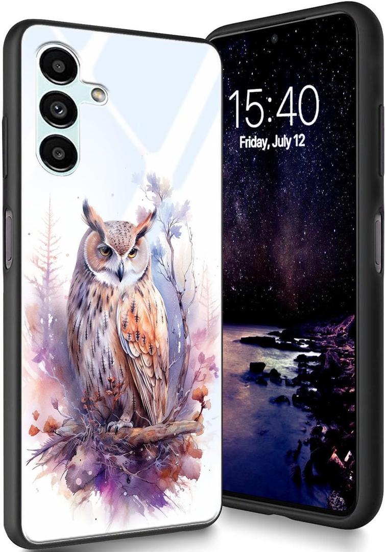 Bxgolkgd Designed for Samsung Galaxy A14 5G 6.6" 2023 Case,Tempered Glass Back Cover Designed with Silicone TPU Shockproof Anti-Scratch Bumper - Cute Owl