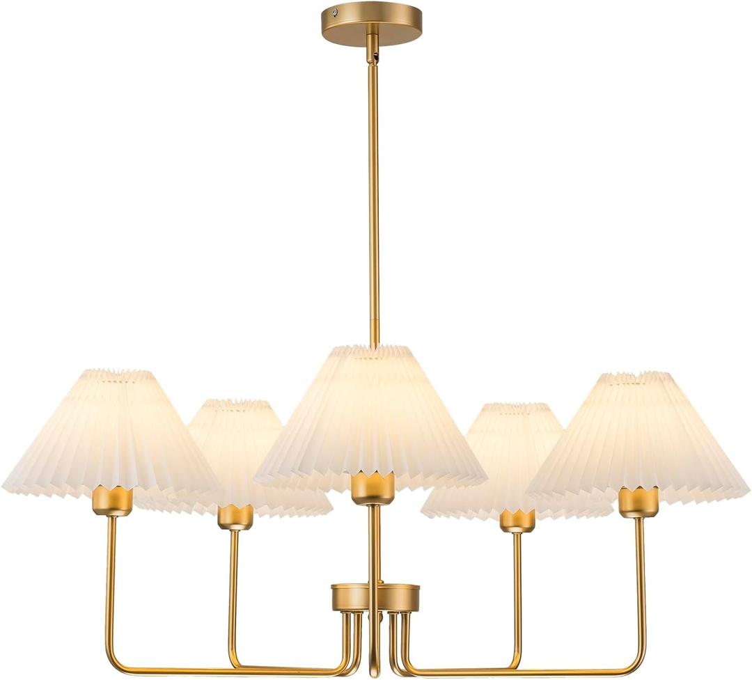 5-Light Gold Chandelier,Mid Century Modern Dining Room Light Fixtures with White Pleated Fabric Shades, Chandeliers Lighting Fixtures for Kitchen Island Above Dining Table,Height Adjustable