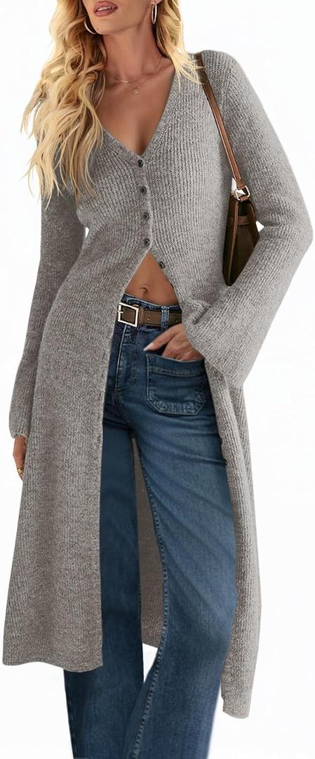Saodimallsu Womens Long Cardigan Sweaters Oversized Bell Sleeve Open Front Button Down Casual Knit Fall Midi Dress (Gray)
