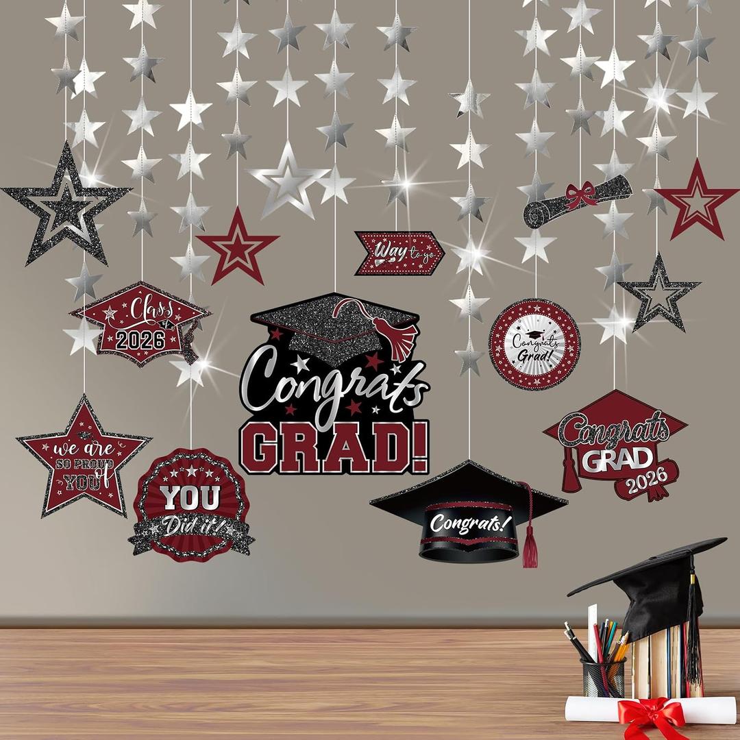 Yisong 14 Pcs Graduation Garland Class of 2026 Graduate Decoration Diploma Hat Star Congrats Garland Banner Congrats Grad Streamers Backdrop for Graduation Party Supplies College Grad Decor(Maroon)