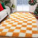 KICMOR 4x6 Rugs for Bedroom Living Room, Orange and Cream White Fluffy Fuzzy Checkered Shag Area Rug Shaggy Bedside Carpet, Furry Plush Soft Rug for Kids Boys Girls Room Nursery Playroom Home Decor