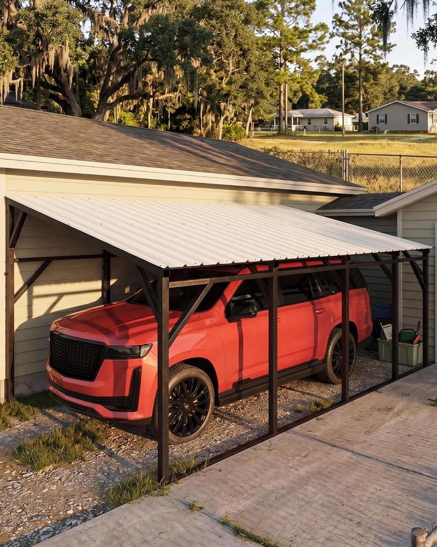 GarveeLife 12x20 ft Wall-Mounted Metal Carport, Lean-to Car Port, Vehicle Parking, Outdoor Storage, 12x20 FT Vertical Roof