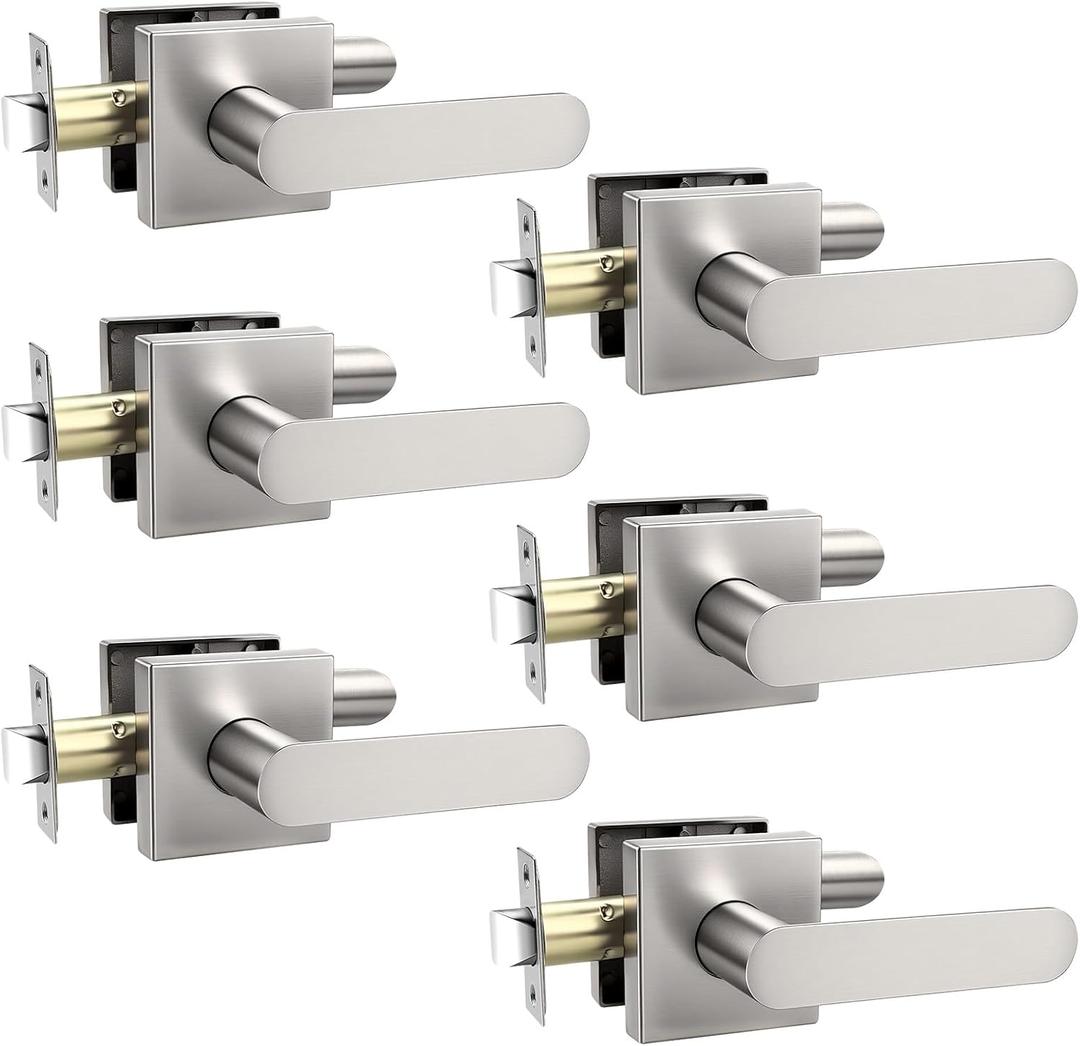 Heavy Duty Passage Door Handle, Door Lever with Rectangular Design, Non-Locking for Hallway Closet, Easy Installation, Satin Nickel, 6 Pack