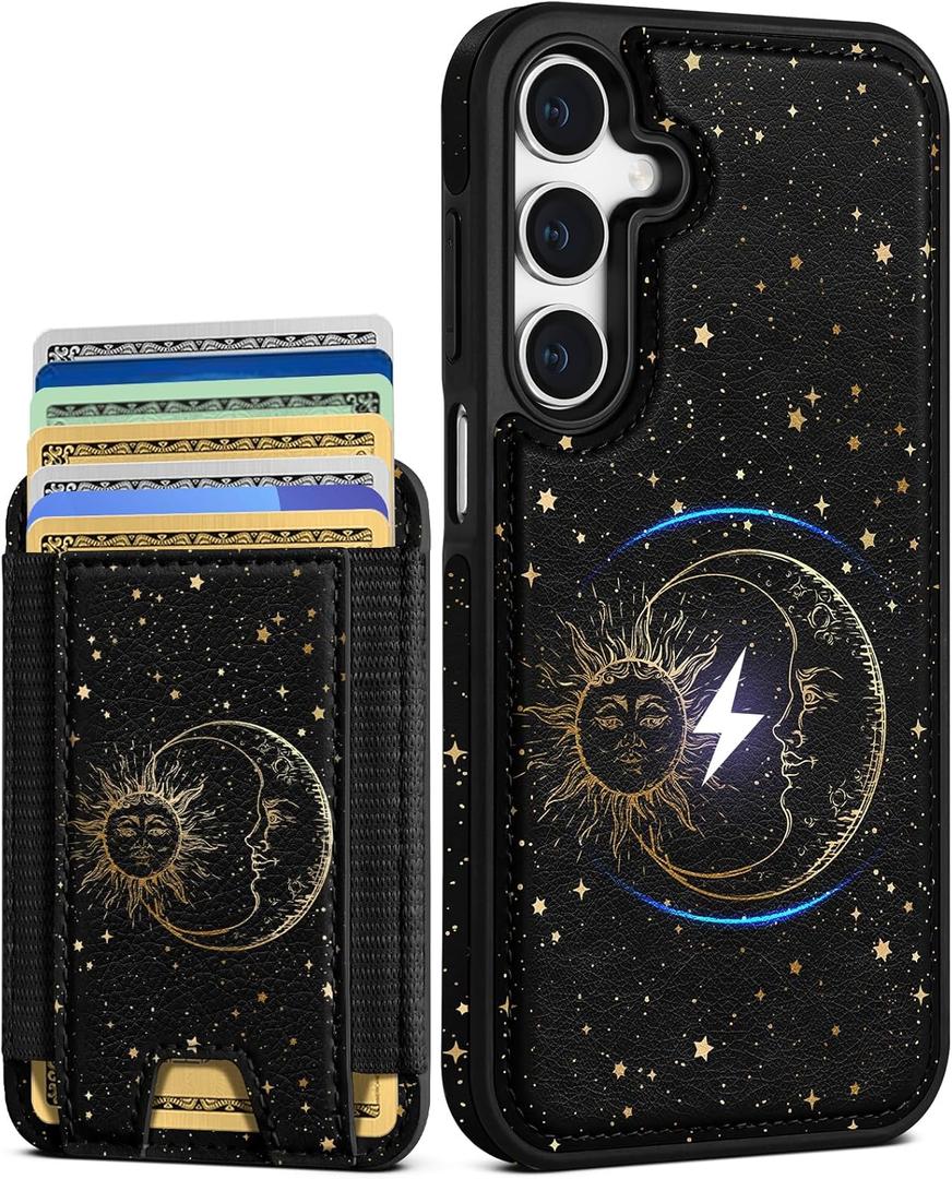 Shorogyt for Galaxy A15 5G Cute Kawaii Leather Phone Case - Compatible with Magsafe Wallet Magnetic Credit Card Holder Fashion Sun Moon Design Phone Cover for Women Girls, Fits 7 Cards