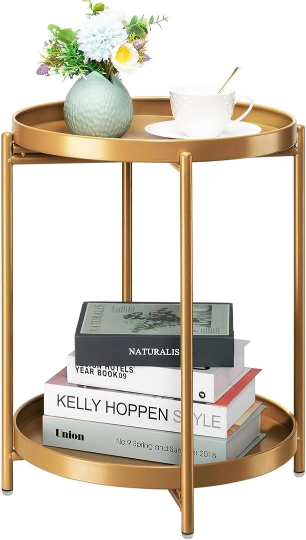 danpinera 2-Tier End Table, Outdoor Side Table Metal Round Side Table with Removable Tray, Small Folding Accent Table, Anti-Rust Nightstand for Bedroom Balcony Patio Living Room, Gold