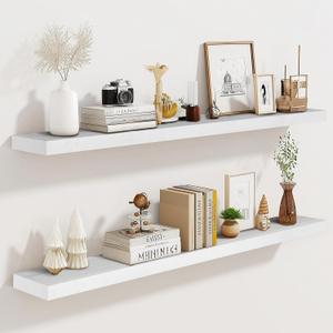 36"x6.8"x1.2" Solid Wood Floating Shelves 2-Pack - Rustic White Finish with Hidden Brackets, Perfect for Storage and Décor in Living Room, Kitchen, Bedroom, 36"-Set of 2