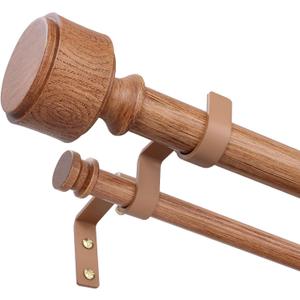 Wood Double Curtain Rod 36 to 124 Inch, Boho Decorative 1" Long Dual Curtain Rods for Windows, Adjustable Heavy Duty Farmhouse Double Drapery Pole with Modern Faux Wood Grain Finials