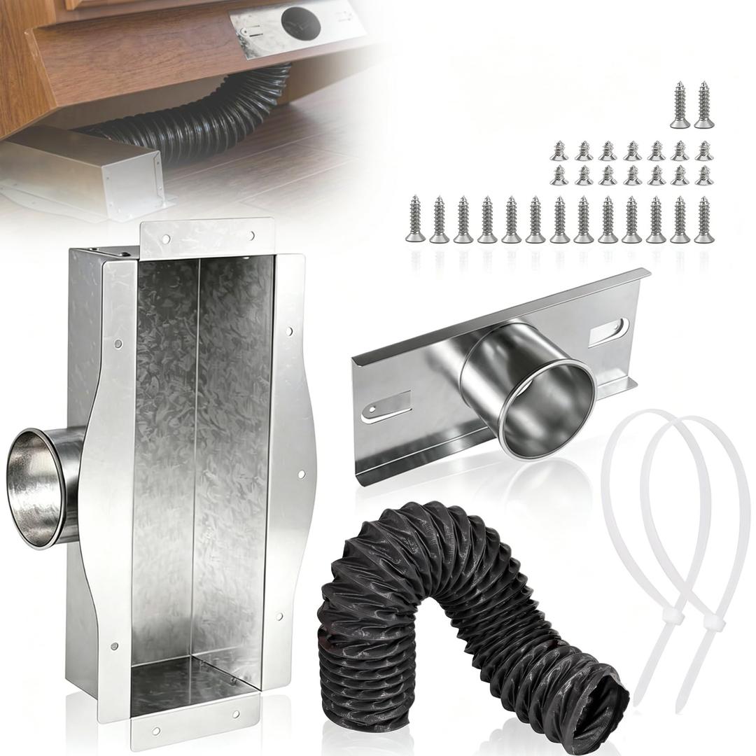 Under Cabinet 4" Toe Kick Vent Ducting Kit, Fits 4 Inch Cabinet Cavity, 4x10"/4x12" & 6" Round Floor Vents, Redirects Airflow, Improves Ventilation and HVAC Efficiency for Kitchen & Bathroom