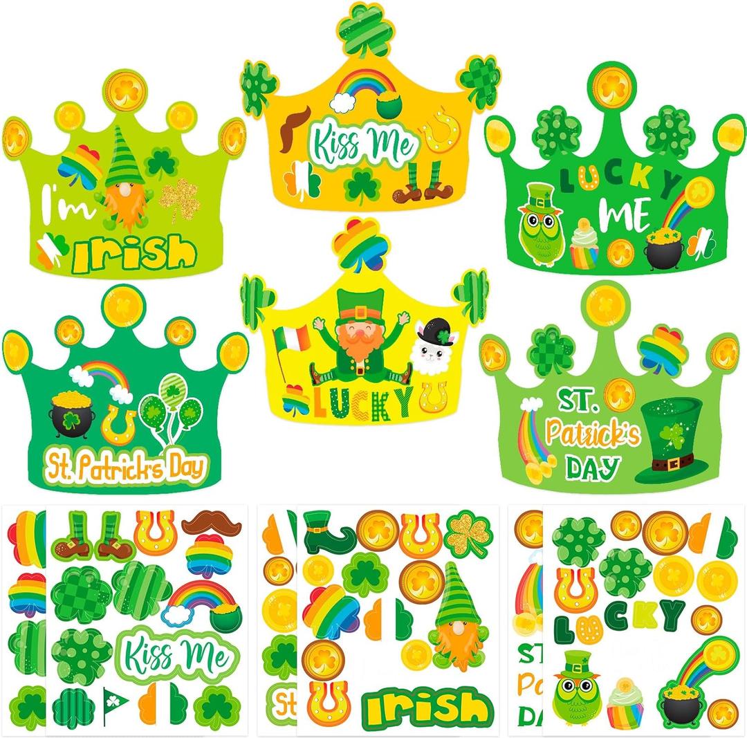 Fancy Land St. Patrick's Day Crown Crafts Kit for Kids 24 Pack Shamrock Paper Hats St Patricks Day Party Favors Classroom Crafts Activities