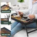 Tray Table for Bed, Bamboo Breakfast Serving Tray with Folding Legs and Handles, Laptop and Snack Bed Table with Cross Bar & Media Slot, Dark Brown with Black Legs, for Bedroom, Sofa, Kitchen