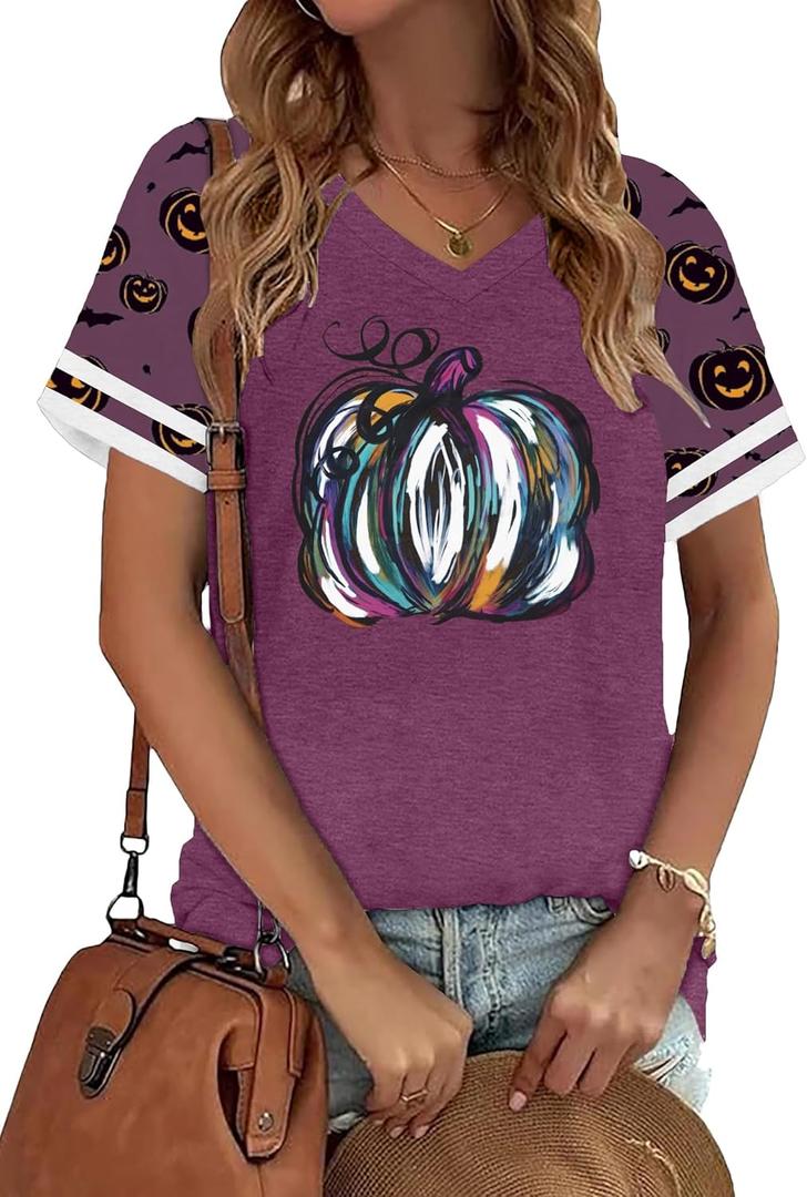Halloween Shirts Women Fall Pumpkin Tshirt Ghost T Shirt Skeleton Tops Casual V Neck Short Sleeve Tees (Purple, XXL)