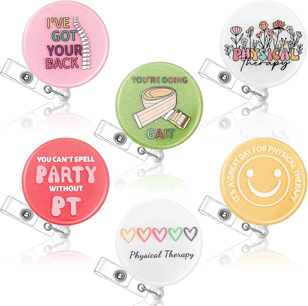 Hoteam 6 Pcs Physical Therapist Badge Reel Retractable with Alligator Clip Badge Holders for Healthcare Badge Reel Clip for Doctor Nurse Physical Therapist Assistant PT Appreciation Gifts
