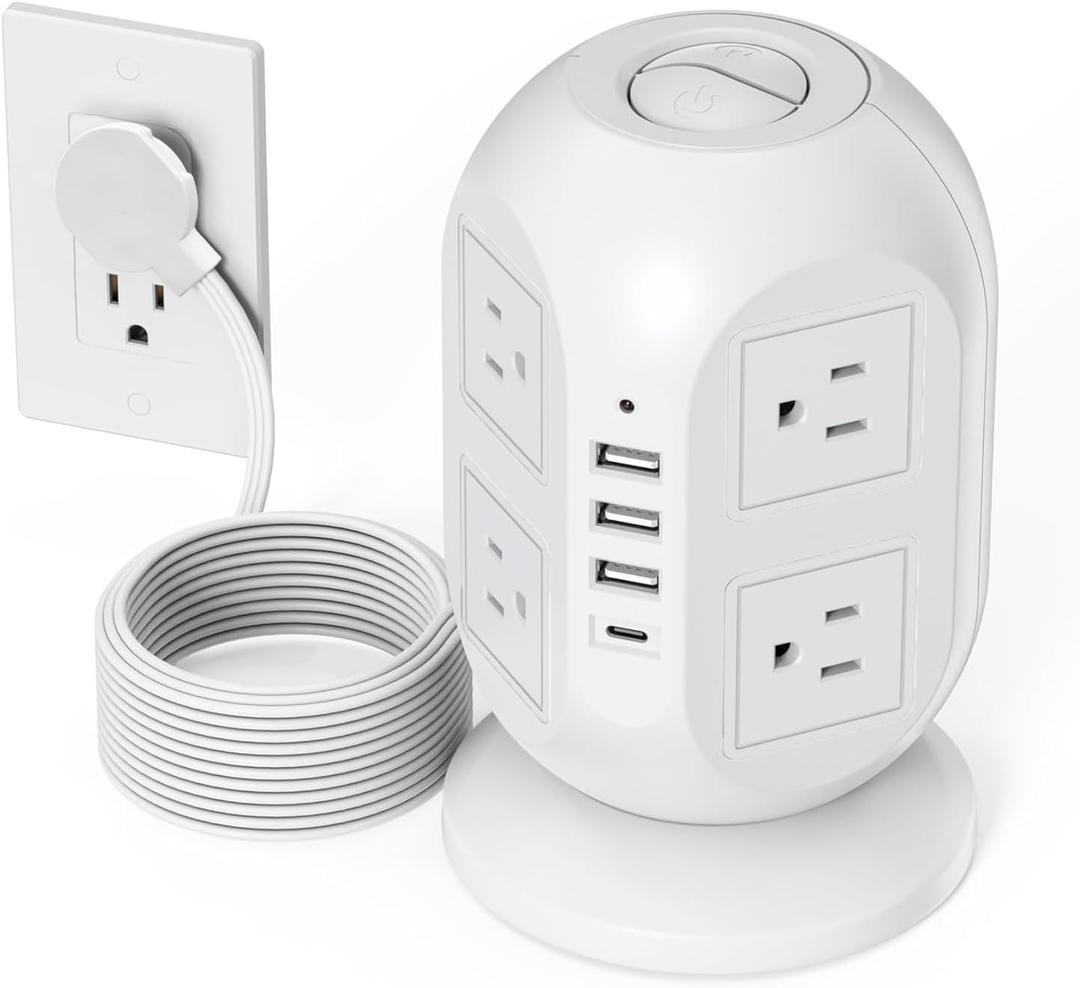SUPERDANNY 10ft Flat Plug Tower Power Strip with Surge Protection - 8 AC Outlets & 4 USB Ports (1 USB-C) Charging Station, with Long Flat Extension Cord, for Home/Office/Dorm (White)