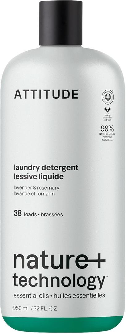ATTITUDE Laundry Detergent Liquid, Natural Origin Ingredients, EWG Verified, High Efficiency (HE), Infused with Essential Oils, For White and Colored Clothing, Lavender & Rosemary, 38 Loads, 32 Fl Oz