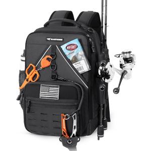 KastKing Karry All KastMate Fishing Tackle Backpack, Water-Resistant Tackle Bag With 2 Rod Holders, Fishing Gear and Equipment With Large Gear Storage, Black