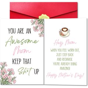 Funny Double-Sided Mother's Day Card for Mom, Awesome Mom Card from Son Daughter with Red Envelope and Sticker