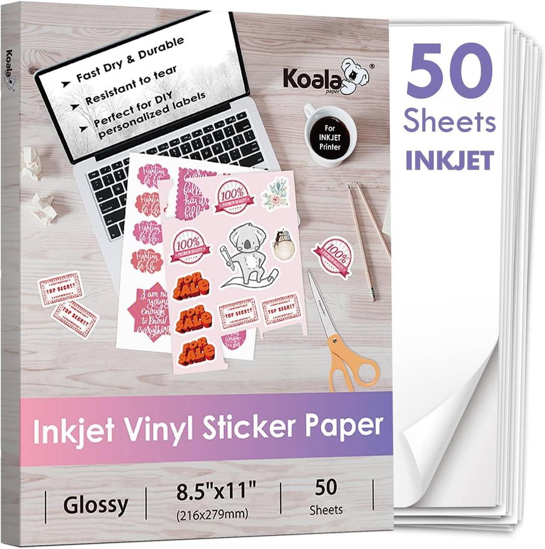 Koala Inkjet Printable Vinyl Sticker Paper for Inkjet Printer - 50 Sheets White Glossy Sticker Paper, Waterproof Sticker Printer Paper 8.5x11 Inch, Tear-Resistant, Removable