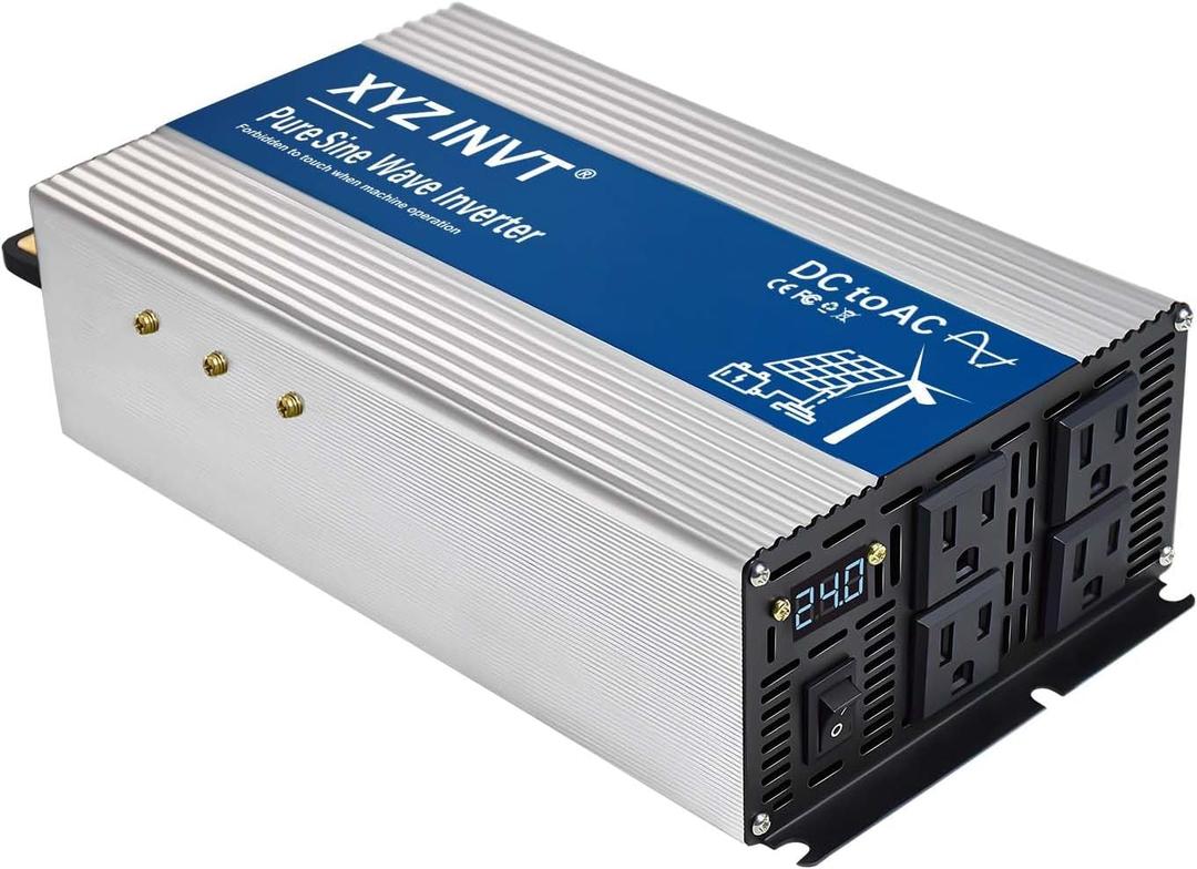 2000W Pure Sine Wave Inverter DC 24V to AC 110V 120V, 4000W Peak Power Inverter with 4 AC Outlets and LED Display for Car, Truck, Solar, Home Off Grid Over 90% Efficiency