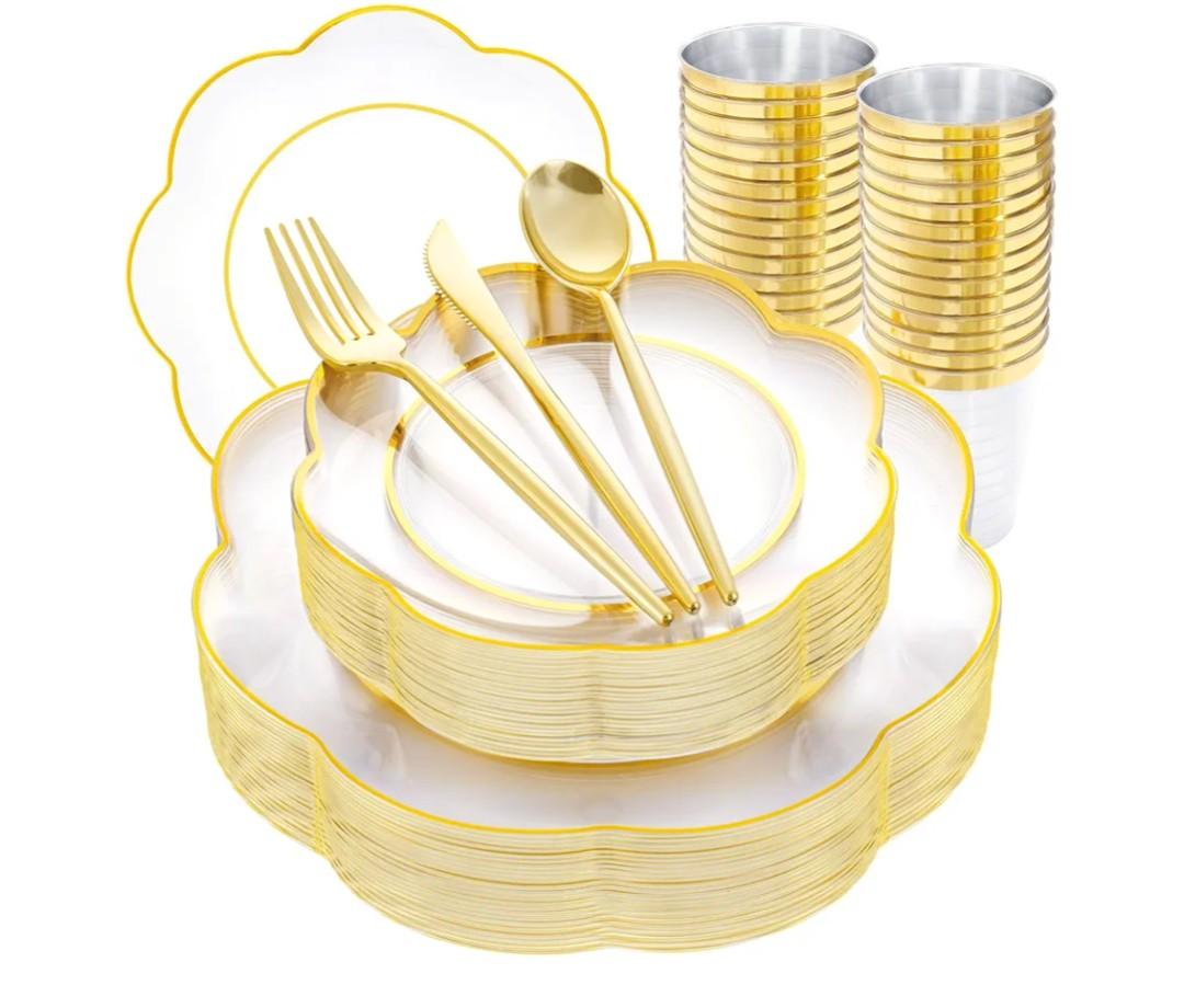 EI 180pcs Clear Plastic Plates with Gold Plastic Silverware, Plate for Party,Clear Dinnerware Set,Heavy Duty Plate for Wedding,Afternoon Tea,Spring,Mother's Day,Valentine's Day,Easter